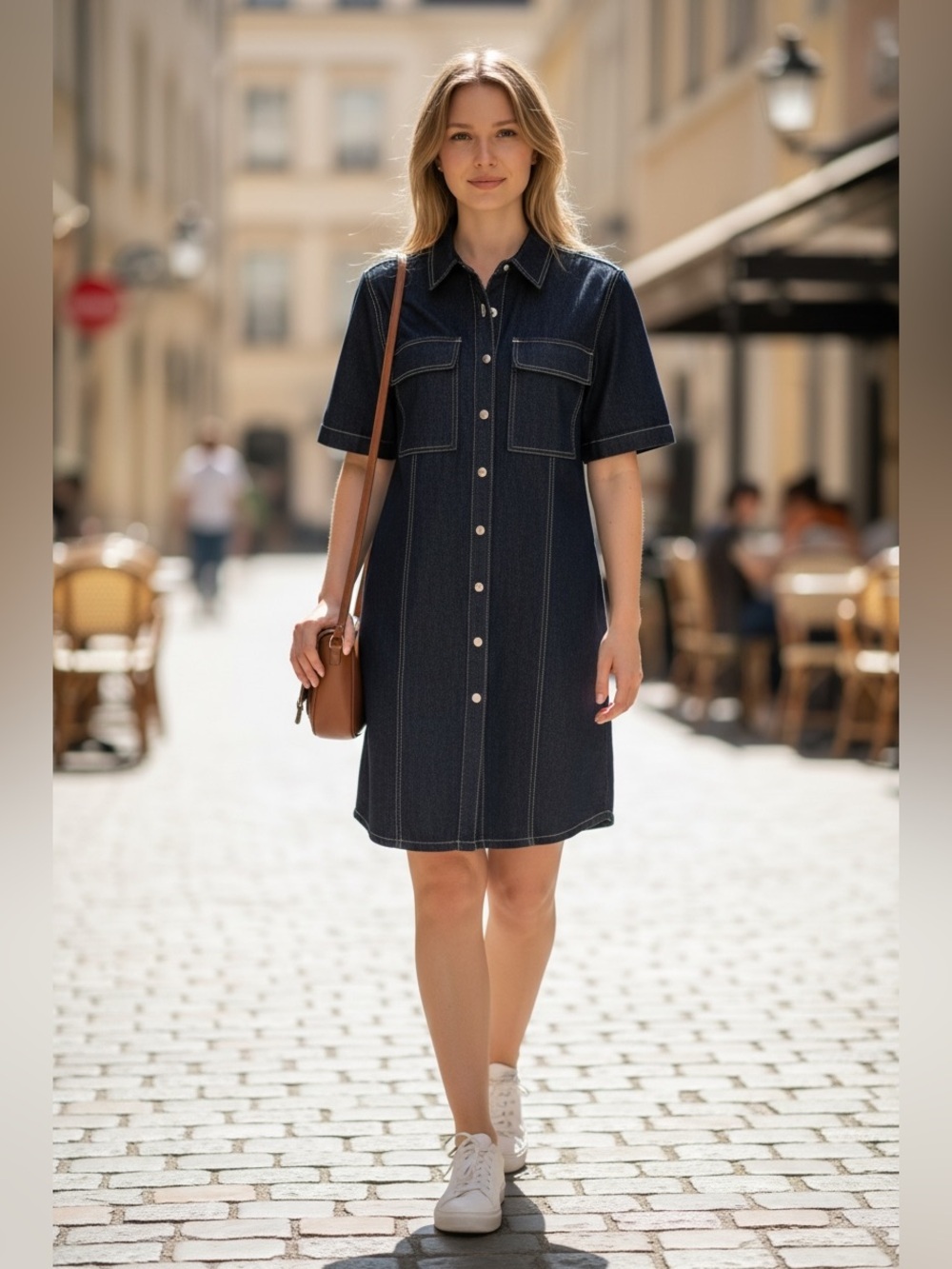 NWT BCBG Dark Indigo Short-Sleeve Denim Shirt Dress 14